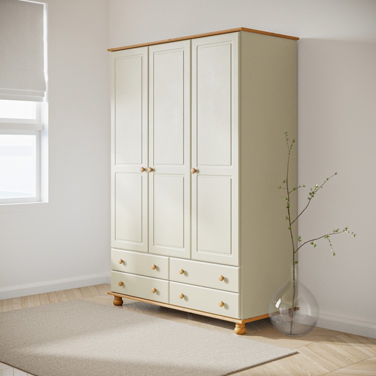 Cream and Pine Painted 3 Door Triple Wardrobe with Drawers - Hamilton