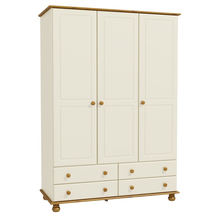 Cream and Pine Painted 3 Door Triple Wardrobe with Drawers - Hamilton