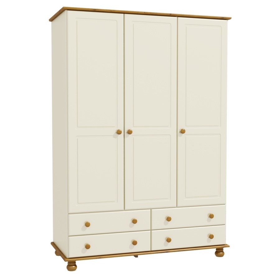 GRADE A2 - Cream and Pine Painted 3 Door Triple Wardrobe with Drawers - Hamilton