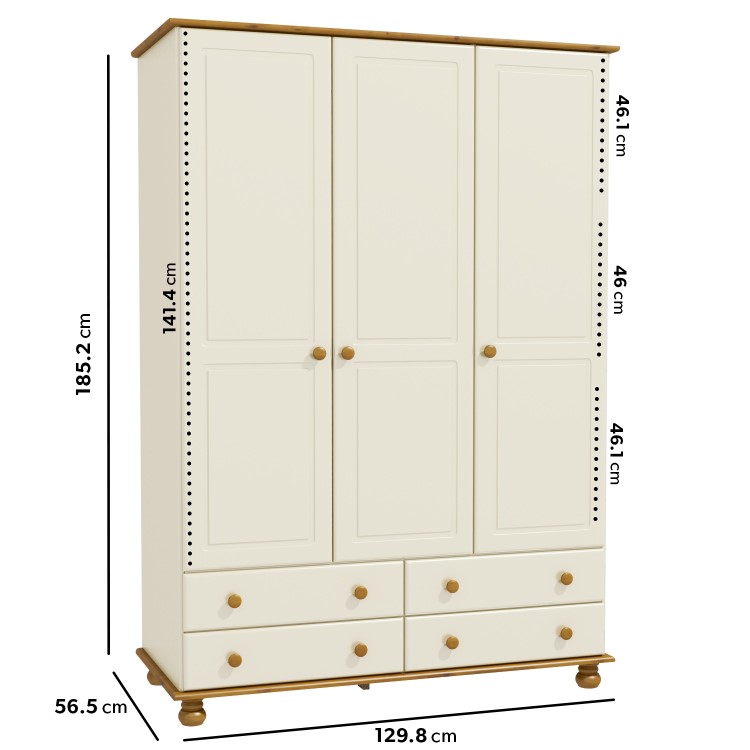 Cream and Pine Painted 3 Door Triple Wardrobe with Drawers - Hamilton