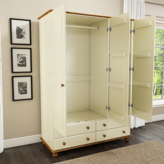 Cream and Pine Painted 3 Door Triple Wardrobe with Drawers - Hamilton