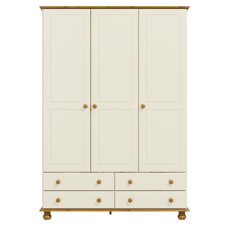 Cream and Pine Painted 3 Door Triple Wardrobe with Drawers - Hamilton