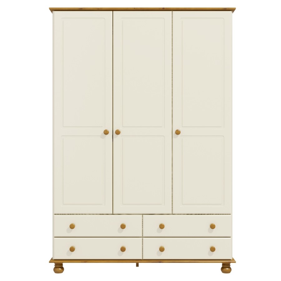 GRADE A2 - Cream and Pine Painted 3 Door Triple Wardrobe with Drawers - Hamilton