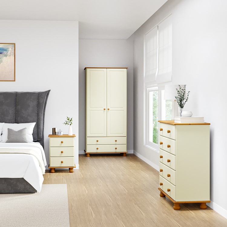 Cream and Pine Painted 3 Door Triple Wardrobe with Drawers - Hamilton