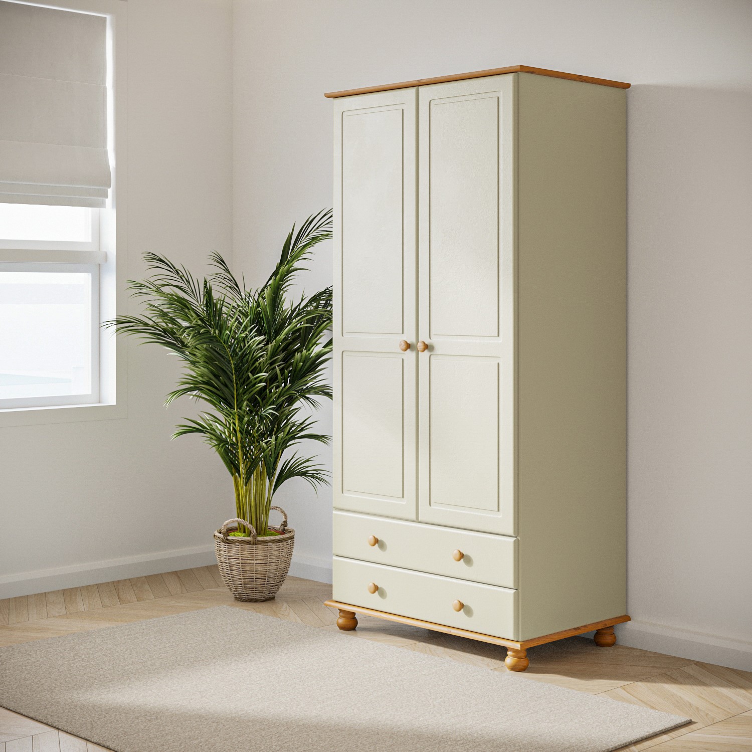 Photo of Cream and pine painted 2 door double wardrobe with drawers - hamilton