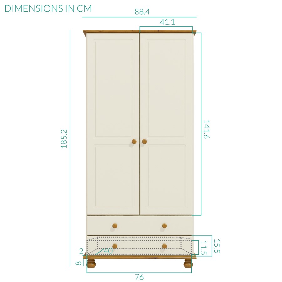 Cream Painted Pine Double Wardrobe with 2 Drawers - Hamilton