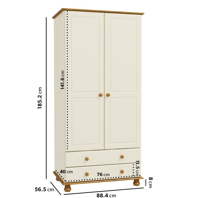 Cream and Pine Painted 2 Door Double Wardrobe with Drawers - Hamilton