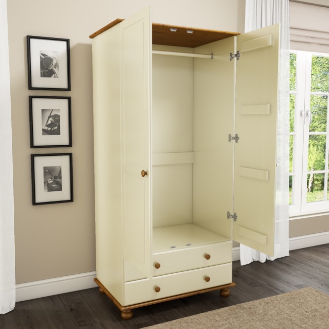 Cream and Pine Painted 2 Door Double Wardrobe with Drawers - Hamilton