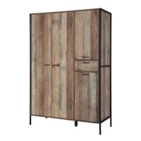 Industrial Oak Finish 4 Door Wardrobe with Drawer - Hoxton - LPD