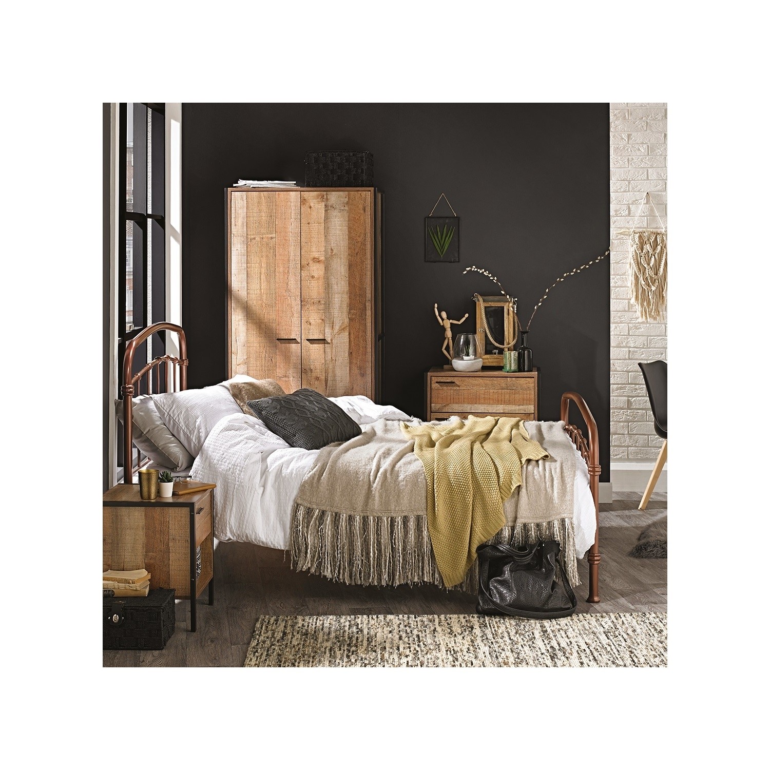 Photo of Industrial oak finish 3-piece bedroom furniture set - hoxton - lpd