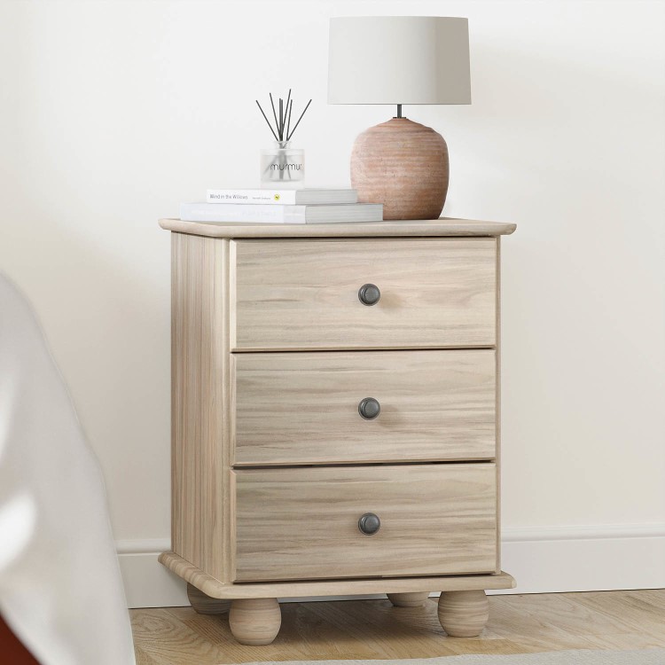 Light Wood with White Wash 3 Drawer Bedside Table - Hampton