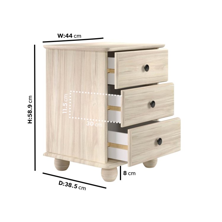 Light Wood with White Wash 3 Drawer Bedside Table - Hampton