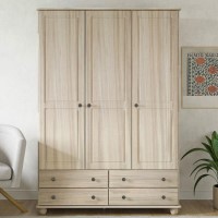 Light Wood with White Wash 3 Door Triple Wardrobe with Drawers - Hampton