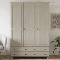 GRADE A1 - White Wash Pine 3 Door Triple Wardrobe with Drawers - Hampton
