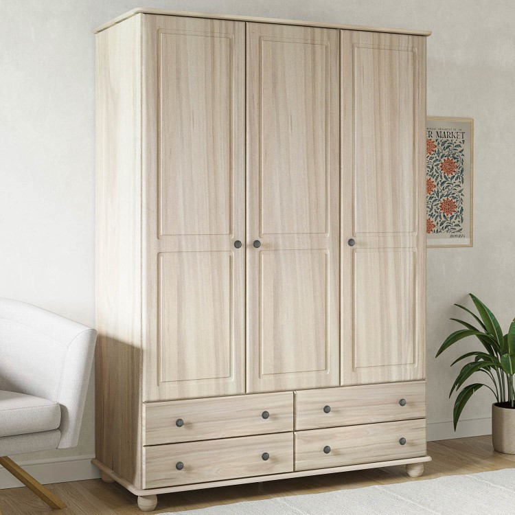 Light Wood with White Wash 3 Door Triple Wardrobe with Drawers - Hampton