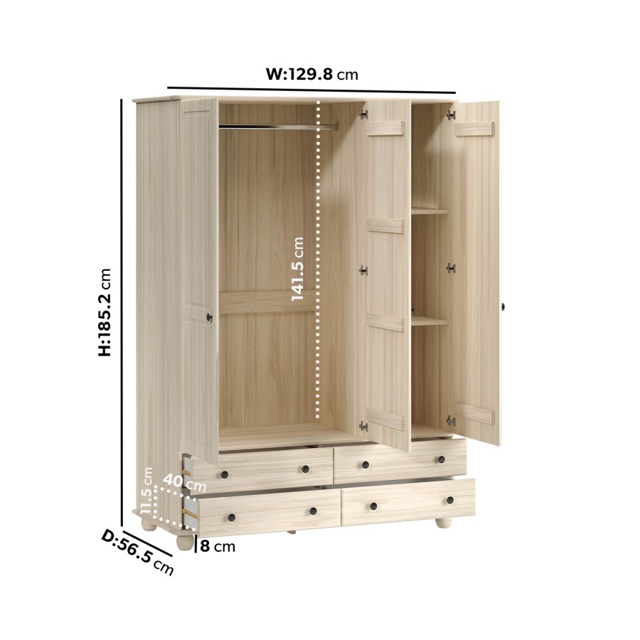 ONLY OPENED - White Wash Pine 3 Door Triple Wardrobe with Drawers - Hampton