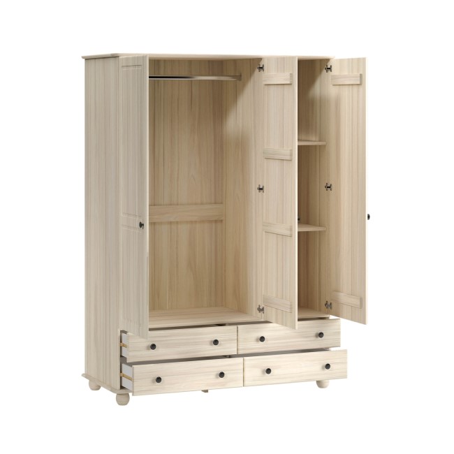 Light Wood with White Wash 3 Door Triple Wardrobe with Drawers - Hampton