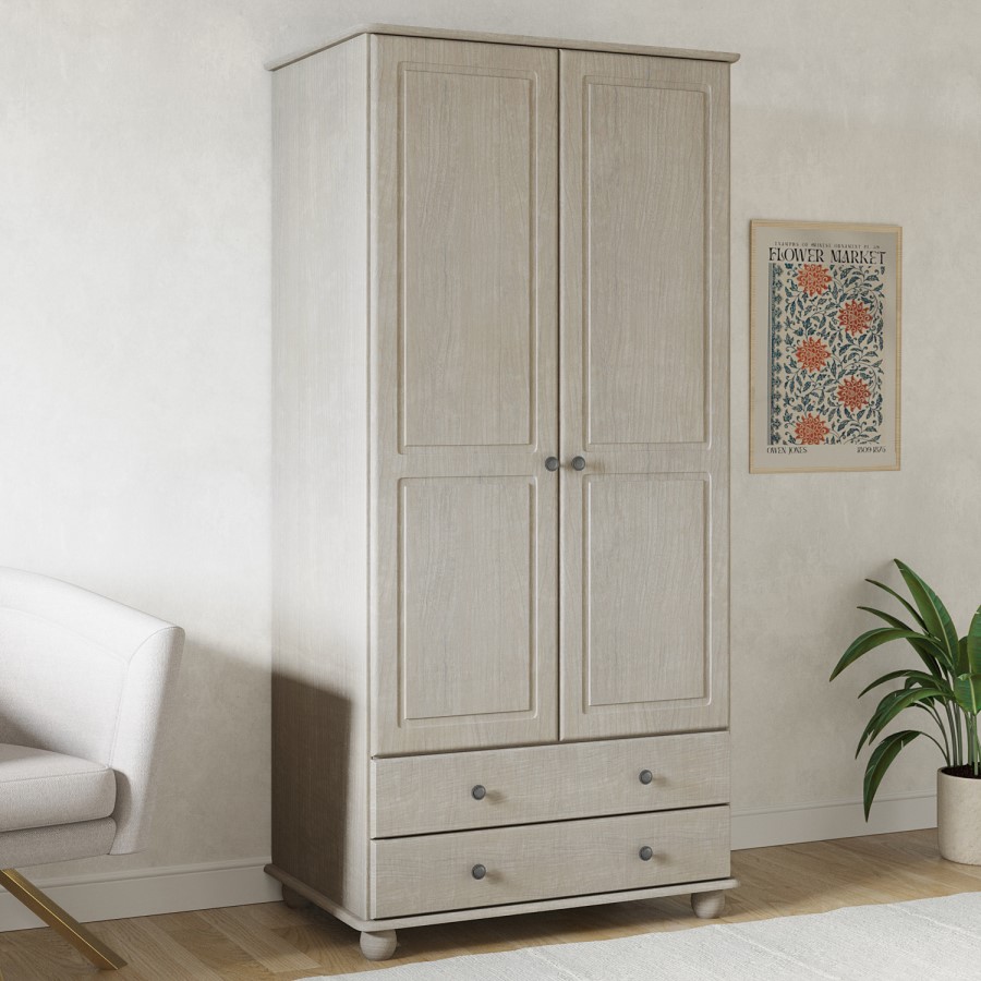 ONLY OPENED - Warm Grey 2-Door Double Wardrobe with Drawers - Hampton