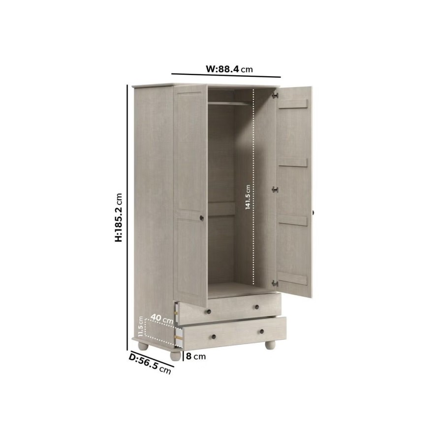 ONLY OPENED - Warm Grey 2-Door Double Wardrobe with Drawers - Hampton
