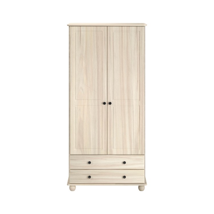 Light Wood with White Wash 2-Door Double Wardrobe with Drawers - Hampton