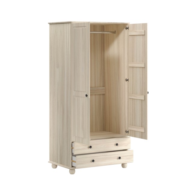 Light Wood with White Wash 2-Door Double Wardrobe with Drawers - Hampton