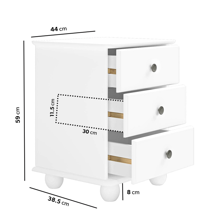 White 3-Drawer Bedside Table - Hampton