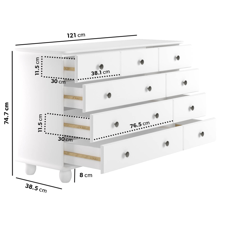 Wide White Chest of 9 Drawers - Hampton