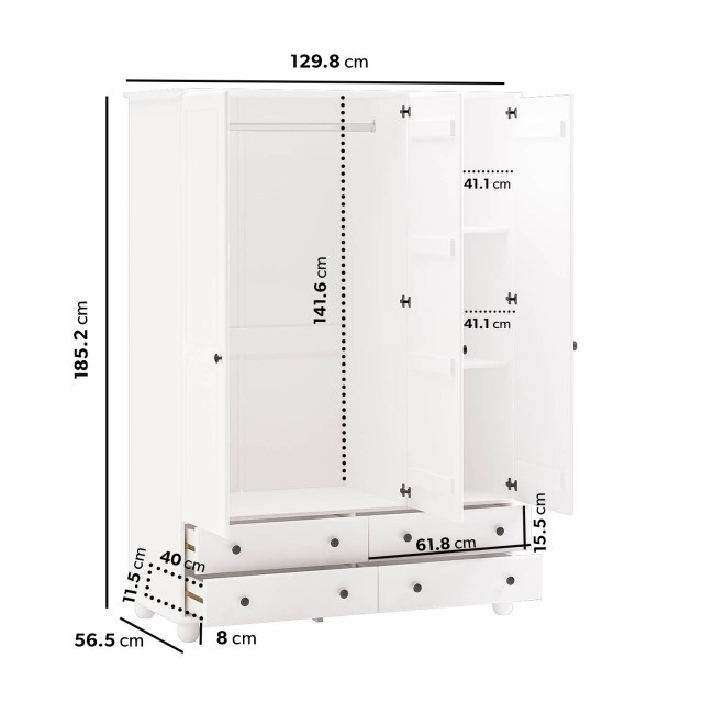 White 3-Door Triple Wardrobe with Drawers - Hampton