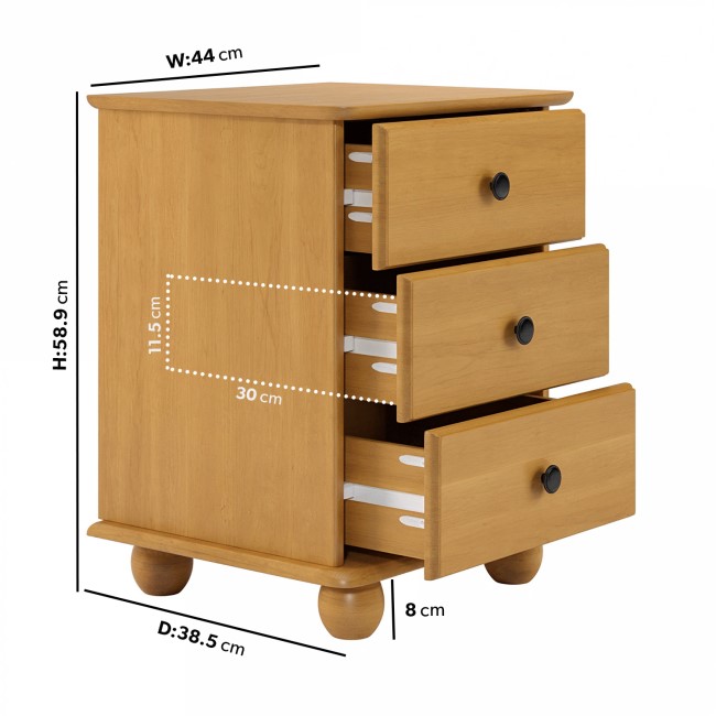 Pine 3 Drawer Bedside Table - Hampton