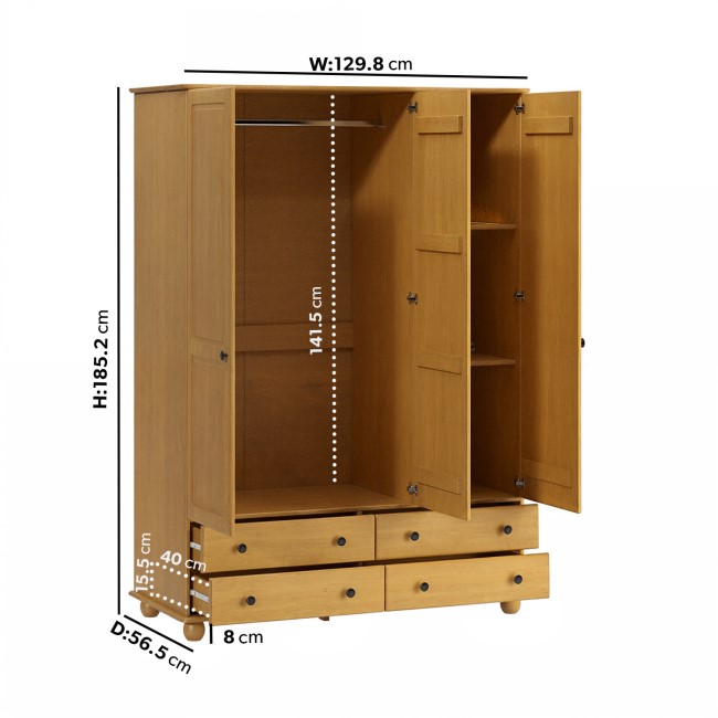 Pine 3-Door Triple Wardrobe with Drawers - Hampton