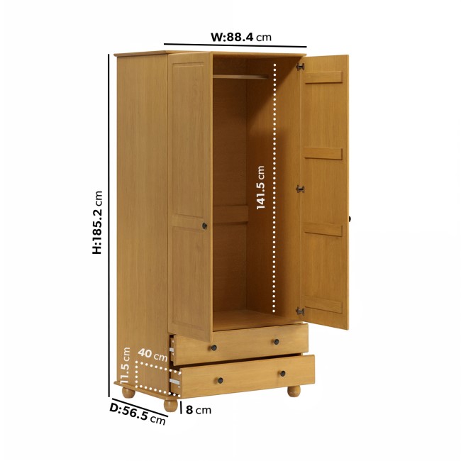 Pine 2-Door Double Wardrobe with Drawers - Hampton