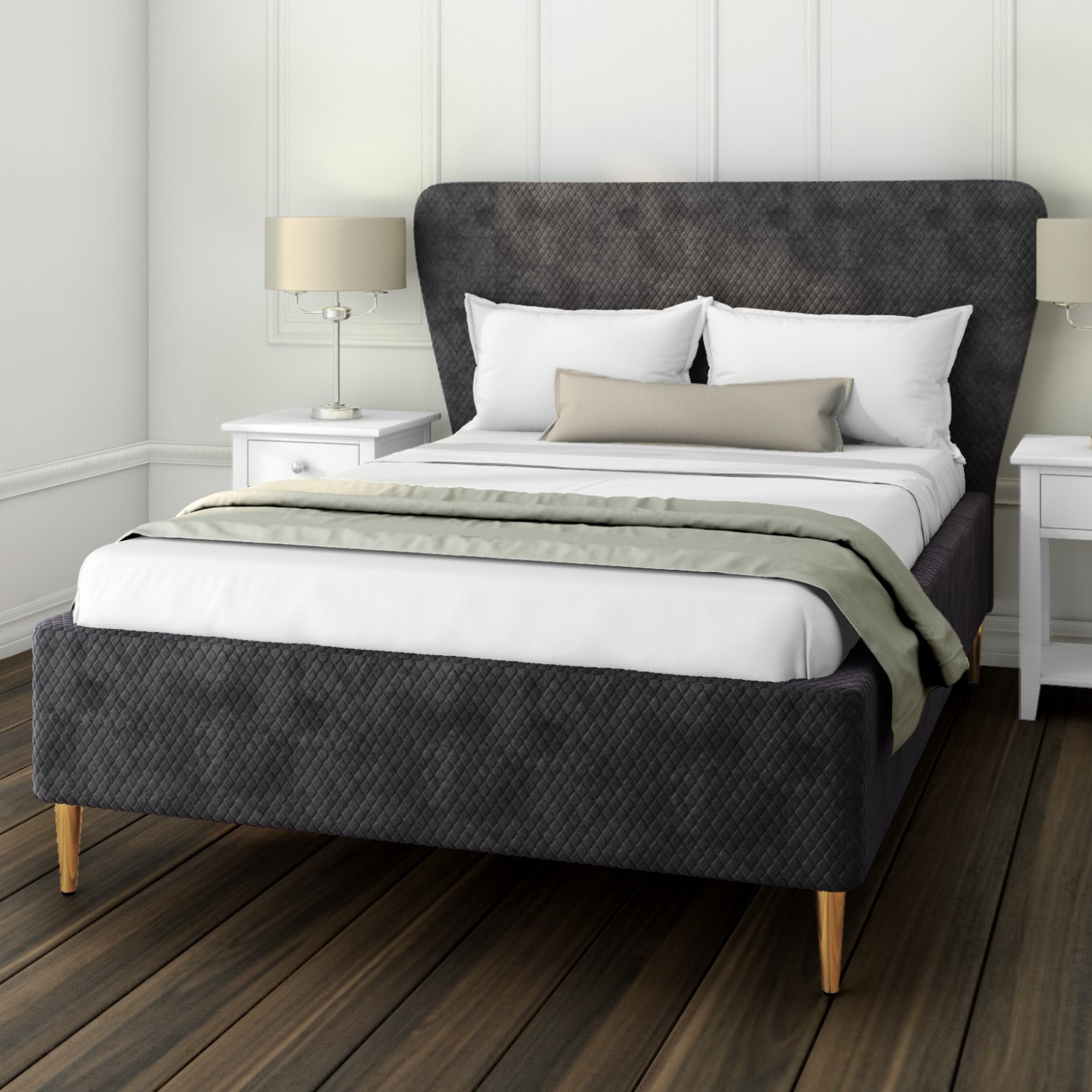 Harley Quilted Velvet Double Ottoman Bed With Curved Headboard In Dark Grey Furniture123
