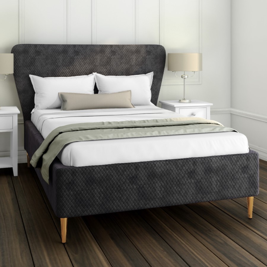 GRADE A2 - Harley Quilted Velvet King Size Ottoman Bed with Curved Headboard in Dark Grey