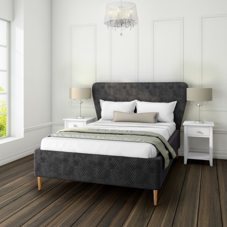 GRADE A1 - Harley Quilted Velvet King Size Ottoman Bed with Curved Headboard in Dark Grey
