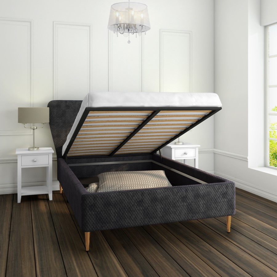 GRADE A2 - Harley Quilted Velvet King Size Ottoman Bed with Curved Headboard in Dark Grey