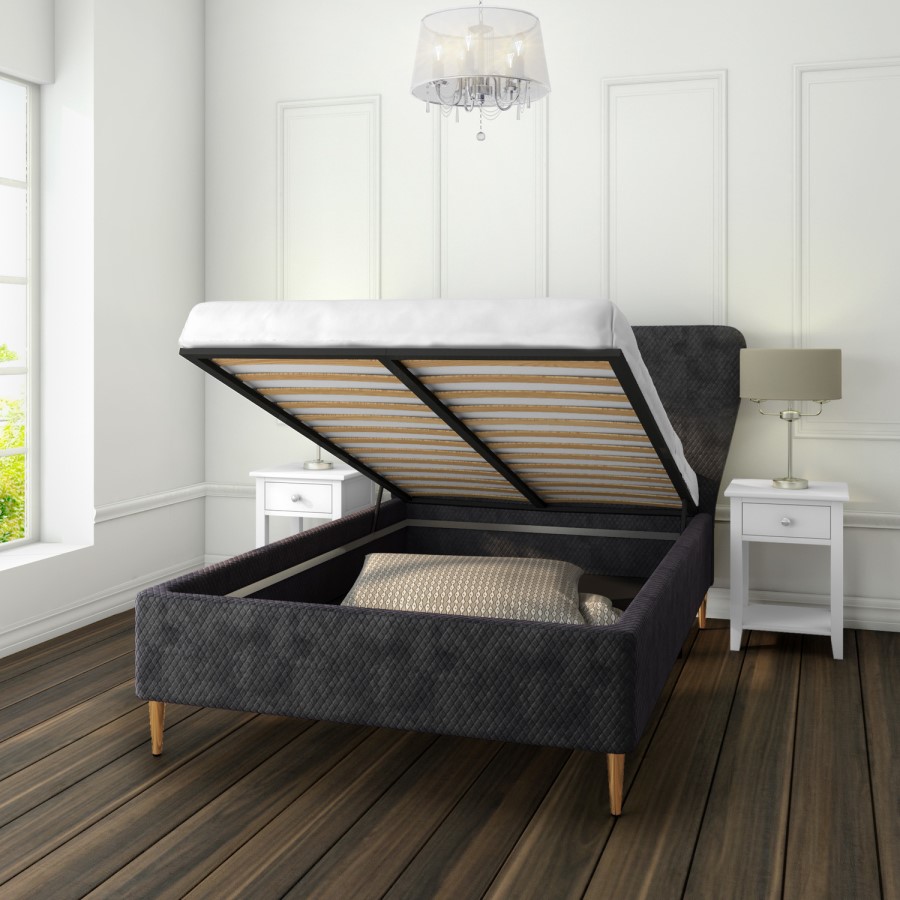 GRADE A1 - Harley Quilted Velvet King Size Ottoman Bed with Curved Headboard in Dark Grey