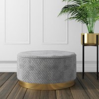 Large Round Silver Grey Quilted Velvet Pouffe - Harley
