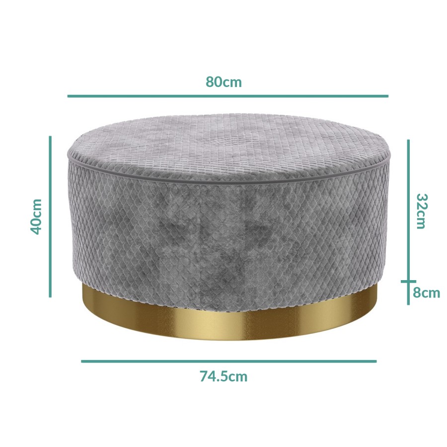 Large Round Silver Grey Quilted Velvet Pouffe - Harley