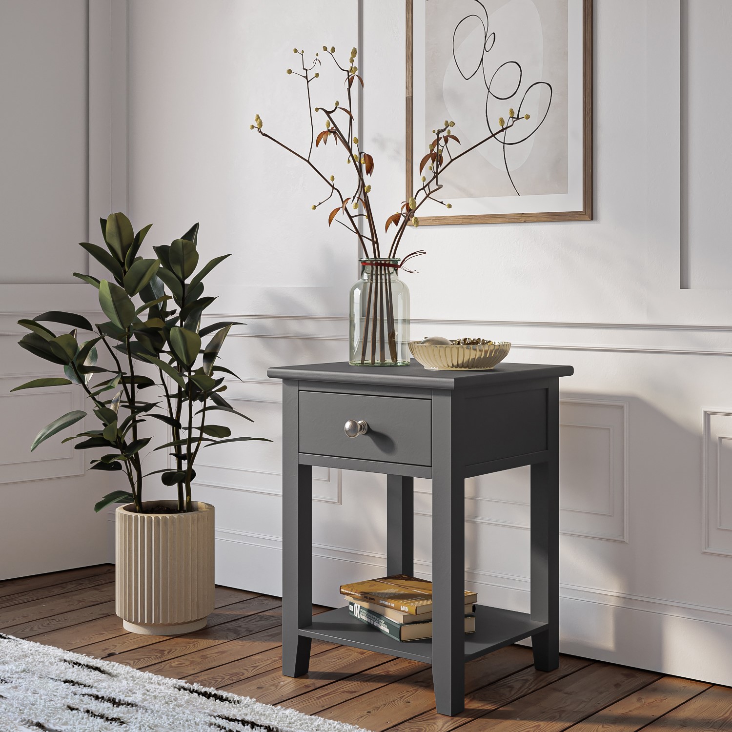 Harper Grey Solid Wood 1 Drawer Bedside Table Furniture123