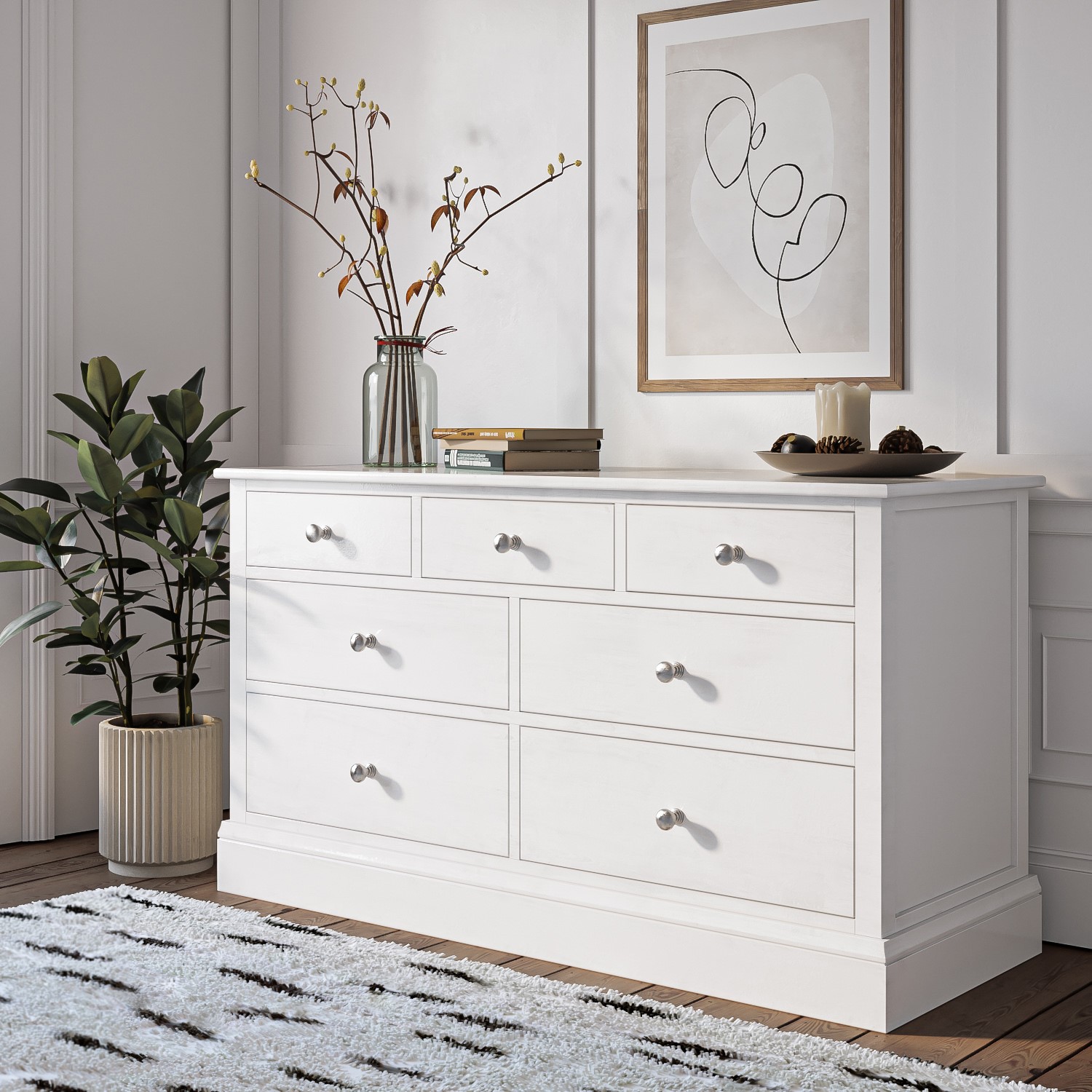 Chest of Drawers Harper White Solid Wood 4+3 Wide Chest of Drawers - Furniture123