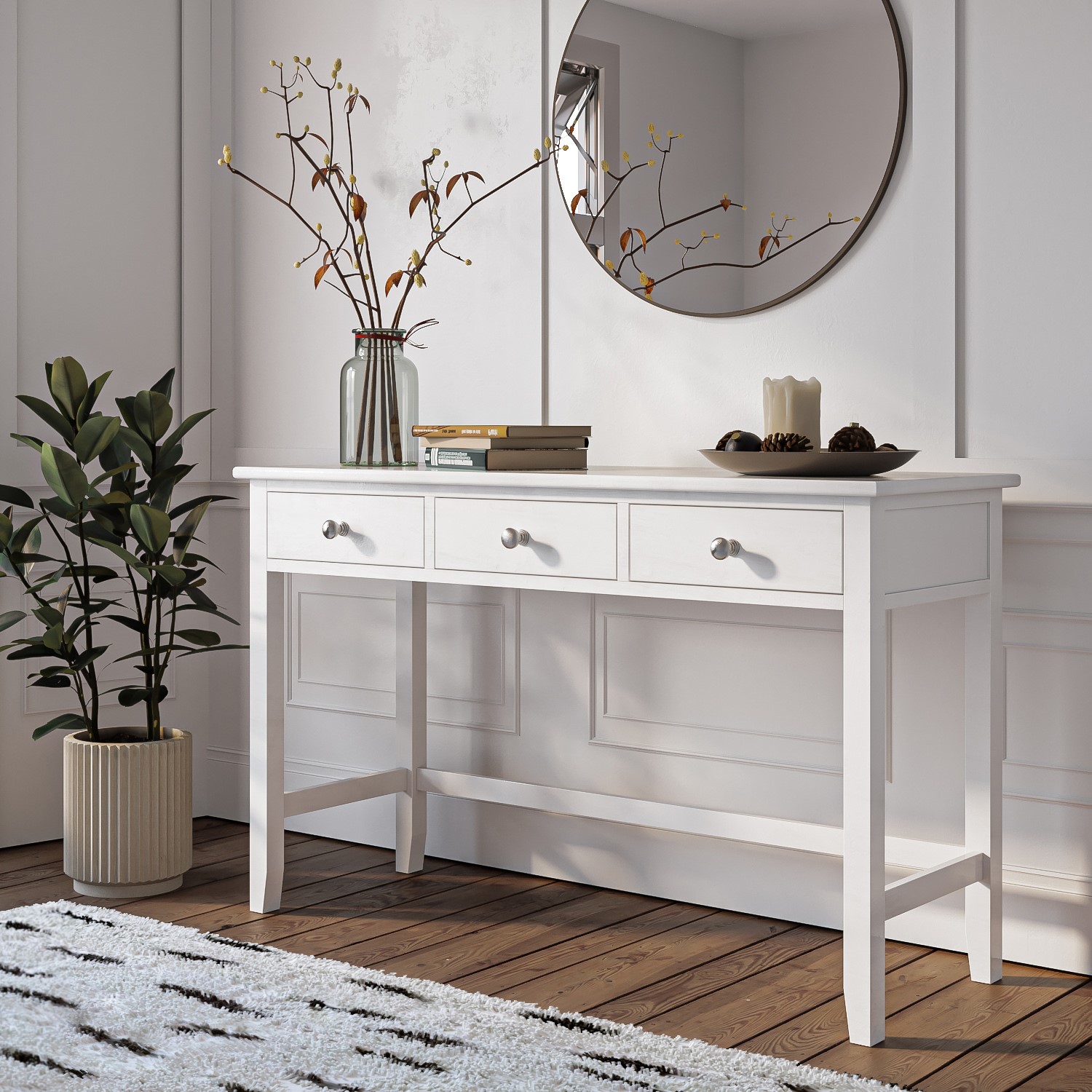 Harper White Solid Wood Dressing Table, White Vanity Table With Drawers On One Side