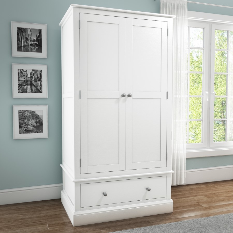 GRADE A2 - Harper White Solid Wood Double Wardrobe with Drawer