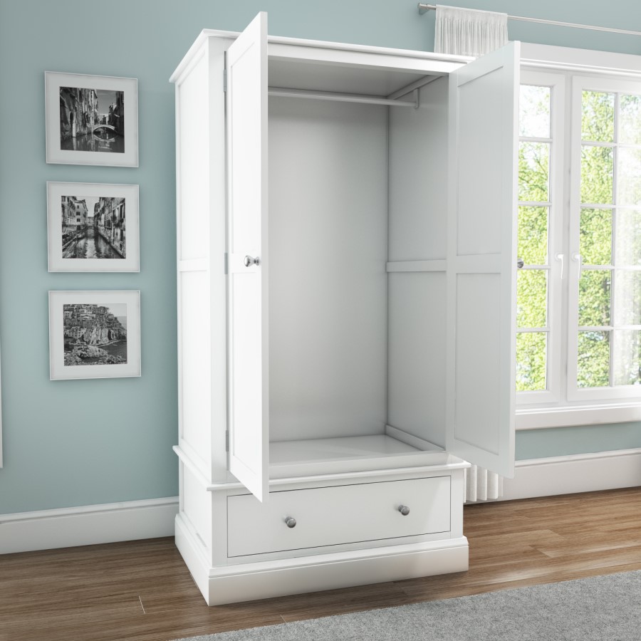 GRADE A2 - Harper White Solid Wood Double Wardrobe with Drawer
