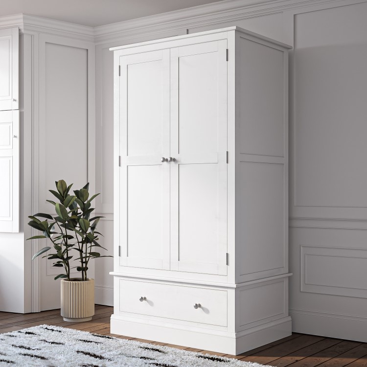 White Painted 2 Door Double Wardrobe with Drawer - Harper