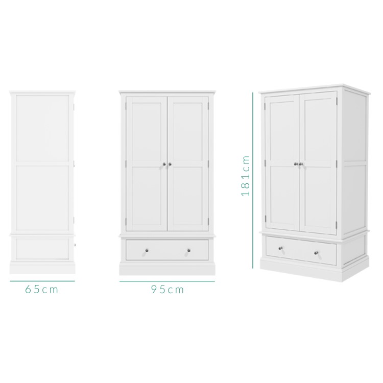 White 2 Door Double Wardrobe with Drawer - Harper