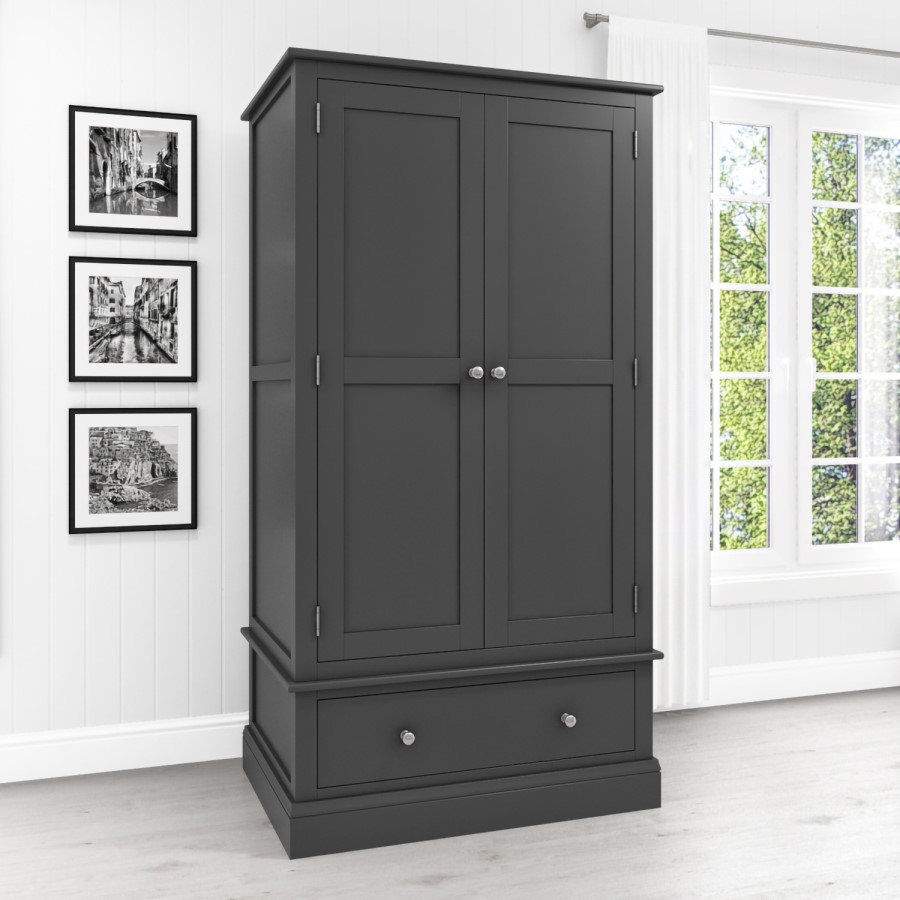 GRADE A1 - Grey Painted 2 Door Double Wardrobe with Drawer - Harper