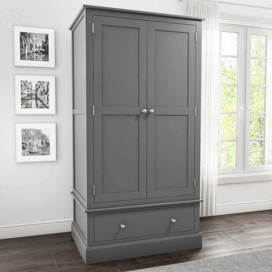 GRADE A1 - Harper Grey Solid Wood 2 Door 1 Drawer Wardrobe | Furniture123