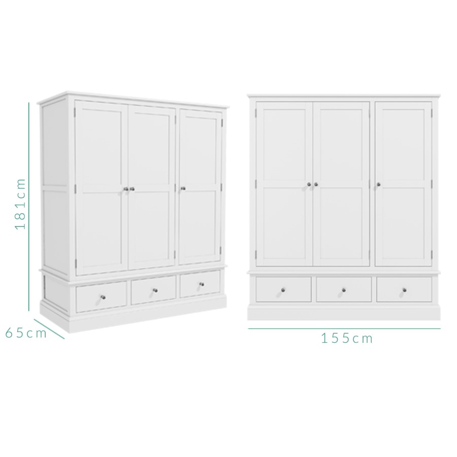 GRADE A1 - Harper White Solid Wood 3 Door 3 Drawer Wardrobe