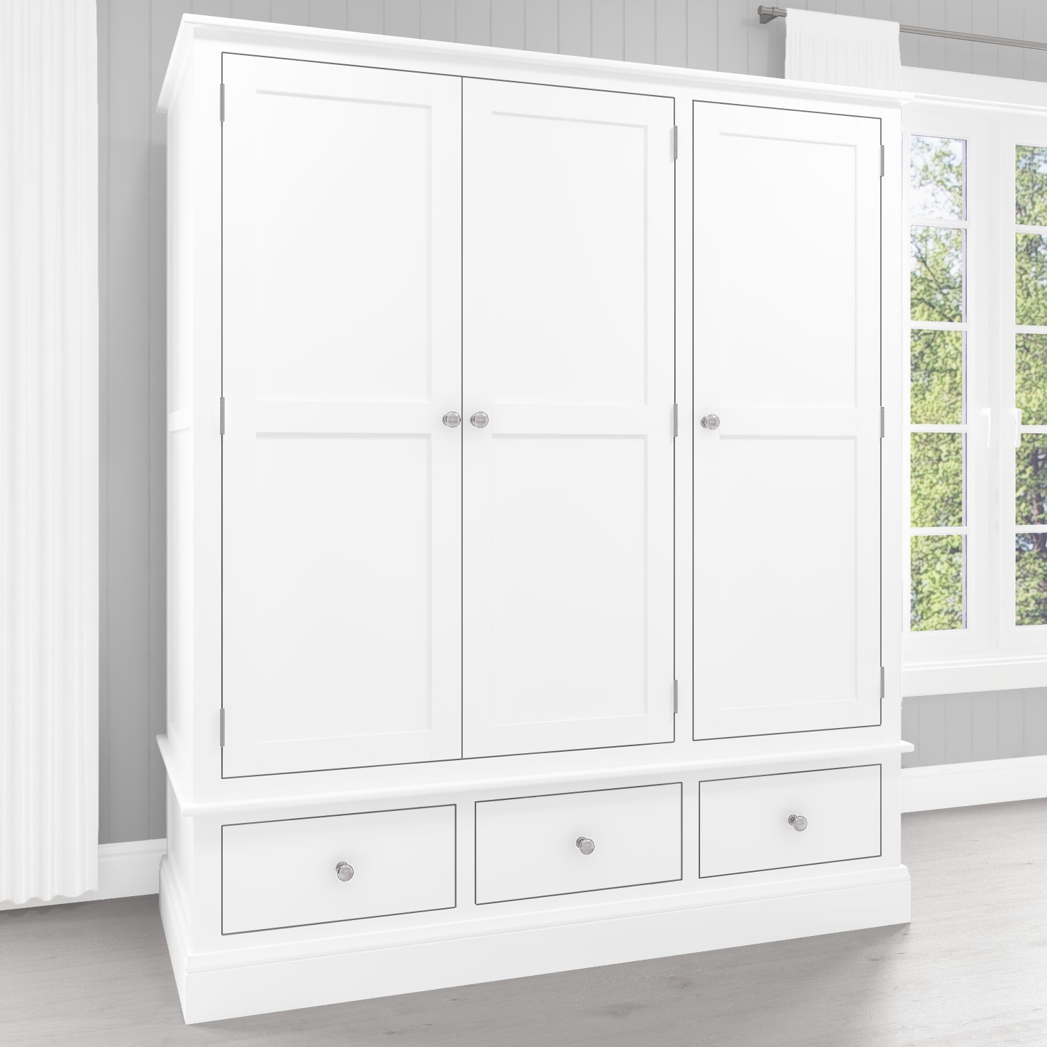 harper white solid wood 3 door 3 drawer wardrobe