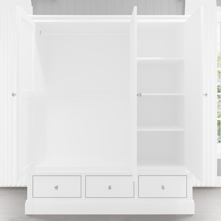 Harper White Solid Wood 3 Door 3 Drawer Wardrobe